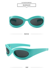 Vorder- und Seitenansicht der futuristischen mintgrünen Sonnenbrille mit dicken Rahmen