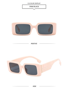 Close-up of pink square sunglasses with textured plaid patterns on the temples