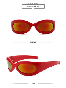 Detailansichten der roten futuristischen Wrap-Around-Sonnenbrille mit verspiegelten Gläsern