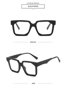 Detailed front and side views of chunky black square frame sunglasses with thick temples