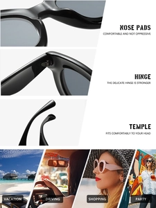 Detail view of oval sunglasses showing nose pads, durable hinges and temples