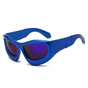 Y2K futuristic wrap sunglasses with blue metallic frame and purple lenses in 45-degree view