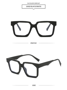 Detail view of square sand black sunglasses frame from front and side perspectives