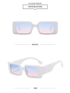 Detail of white rectangle sunglasses with blue-pink gradient lenses and embossed texture