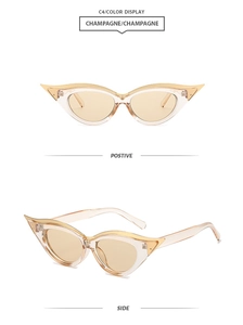 Detailed front and side views of champagne cat-eye sunglasses with gold metal accents