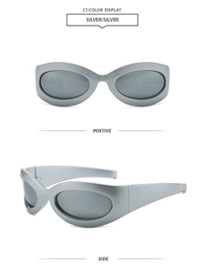 Detaillierte Front- und Seitenansicht der silbernen, stromlinienförmigen Sonnenbrille