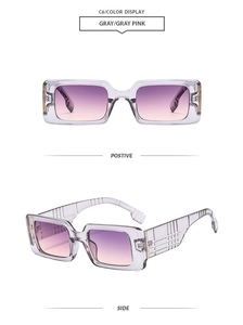 Detail view of rectangular sunglasses with transparent grey frame and gradient lenses
