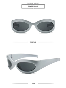 Futuristische silberne Y2K-Sonnenbrille mit ovalem Rahmen in Front- und Seitenansicht