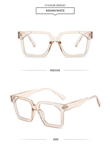 Detail view of retro square champagne brown eyewear frames in front and side perspectives