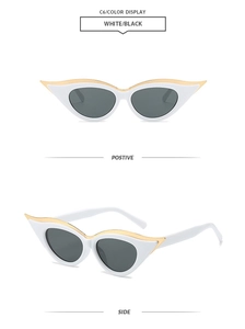 Detailed front and side view of white cat-eye sunglasses with golden metal accents