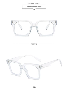 Detail view of transparent square frames with reinforced metal hinge structure and clear lenses