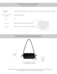 Detailed dimensions of the black vintage PU shoulder bag with wooden bead decoration
