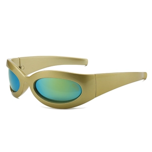 Y2K futuristische Wrap-Sonnenbrille mit Goldrahmen und blau-grünen Spiegelgläsern