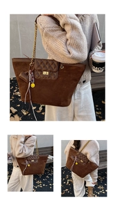 Detail of coffee brown suede tote bag with diamond pattern flap and gold chain strap