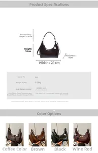 Size chart showing PU leather shoulder bag dimensions 21x8x10cm and color options