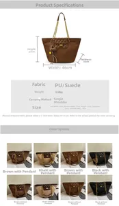 Detail view of large tote bag with chain strap and quilted flap lock in mixed PU textures