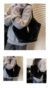 Detail of plush faux fur tote bag with leather straps and elegant metal buckle closure