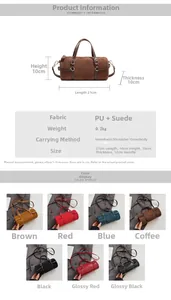 Detailed size and color chart for cylindrical shoulder bag showing seven color options