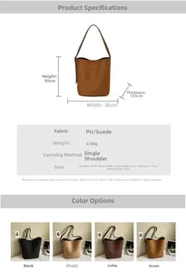 Detailed size chart and specifications of the suede PU bucket tote bag with measurements