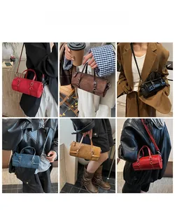 Six colors of retro suede cylinder Boston bags shown in a collage of model style shots