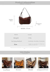 Detailed size and material guide for leopard tote showing strap length and suede fabric