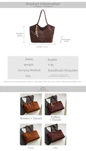 Size chart showing large suede tote dimensions 52x29x16 cm and material specifications