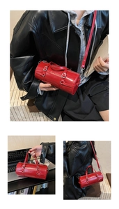 Red Boston style bowling bag shown in handheld, shoulder, and crossbody styling modes