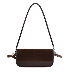 Deep brown vintage underarm bag with suede patchwork and silver hardware