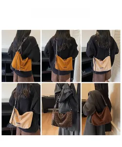 Collage of model wearing oversized suede hobo bags in various colors and leopard prints