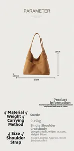 Tableau des tailles détaillé pour grand sac fourre-tout en suédine marron avec dimensions