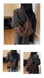 Detail of leopard print tote bag with adjustable brown strap worn on a grey coat