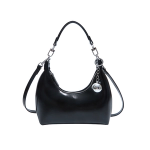 Glossy black crescent moon bag with silver ball charm and adjustable shoulder strap