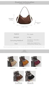 Detailed size chart and multi-color display of suede patchwork half-moon crossbody bag