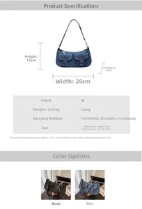 Detailed size specifications for small denim shoulder bag in black and blue colors
