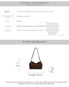 Detailed size chart for large suede tote bag with 34cm length and adjustable strap