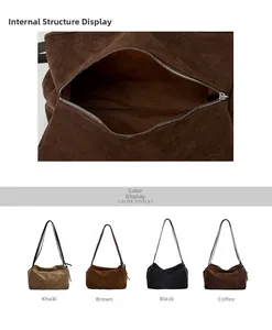 Interior zip pocket detail and four color options of this suede tote shoulder bag