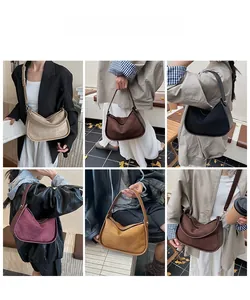 Collage of model wearing vintage suede bowling bags in six different stylish colors