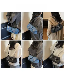 Multiple views of vintage denim shoulder bag with front pockets and buckle details