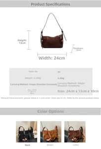 Detailed size specifications for retro PU leather hobo bag with color options