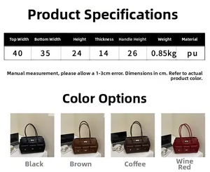 Detailed size chart and dimensions for the retro PU leather shoulder bag with four color options
