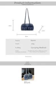 Denim shoulder bag dimension detail showing 30cm width, 16cm height and 35cm handle drop