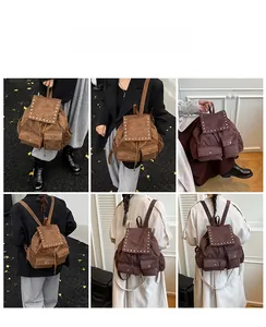 Détails du grand sac à dos en daim avec boucles métalliques rétro et rivets décoratifs