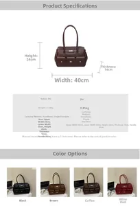 Detailed chart showing PU leather tote bag dimensions and four available vintage colors
