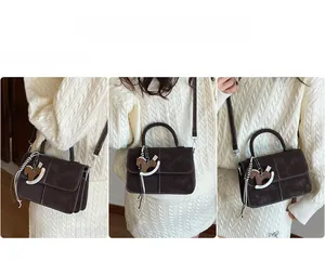 Three-way split view of a dark brown suede crossbody bag with horse charm and scarf detail
