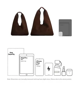 Size comparison of suede tote bags showing capacity for iPad Pro and iPhone Plus
