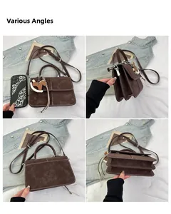 Detailed multi-angle views of a brown suede crossbody bag with a horse charm accessory