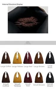 Detail view of large and small hobo tote bags with inner drawstring pouches in five colors