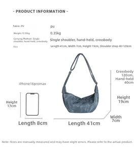 Blue faux denim crescent bag size comparison with phone showing 41cm length and details