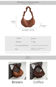 Detailed view of suede pleated tote bag with size specs in brown and coffee colors