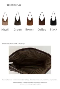 Detail view of corduroy shoulder bag with striped fabric lining and silver metal zipper